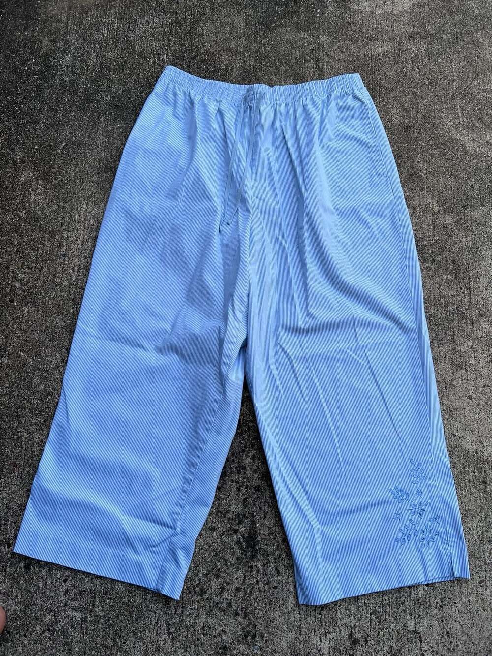 Alfred Dunner Seersucker Crop Pants Size 18 Blue White Embroidered